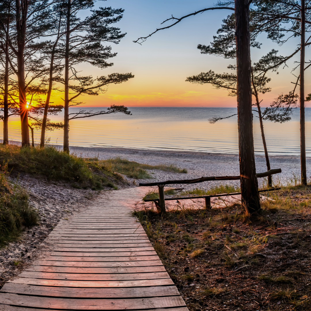 Hölzerner Weg zum Strand bei Sonnenuntergang an der Ostsee